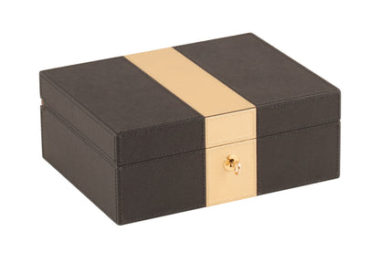 Gold Leather-Covered Walnut Jewellery Box with Removable Tray