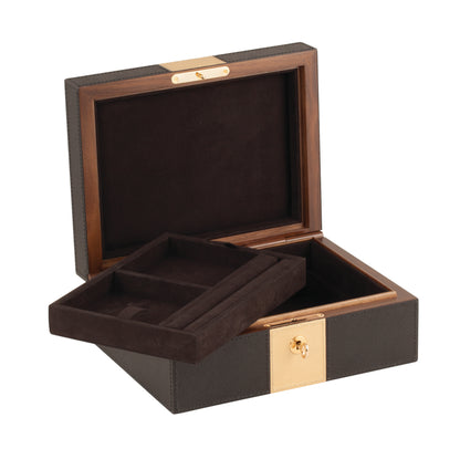 Gold Leather-Covered Walnut Jewellery Box with Removable Tray