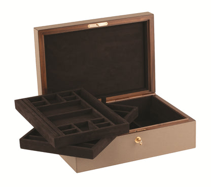 Giobagnara Platinum Jewellery Box with 2 Trays | Leather-covered walnut case with walnut hinge | Includes two removable trays | Home Decor, Storage, and Accessories | 2Jour Concierge, your luxury lifestyle shop