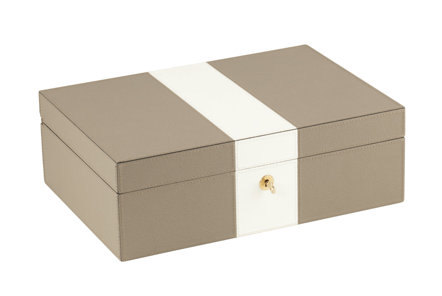 Coffret à bijoux en noyer recouvert de cuir platine avec deux plateaux amovibles