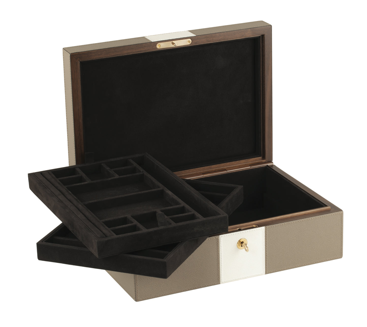 Coffret à bijoux en noyer recouvert de cuir platine avec deux plateaux amovibles