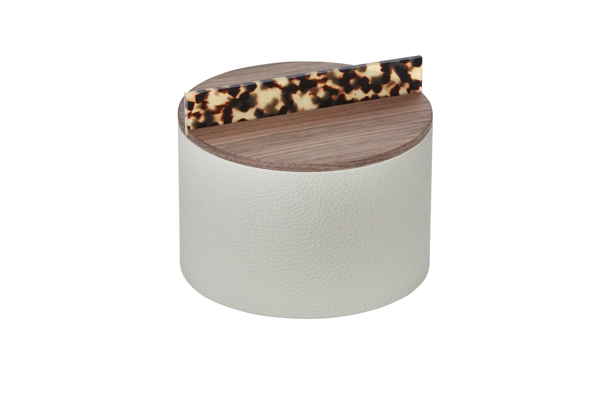 Riviere Dama | Round Box: Leather with wood base and tortoise acetate handle, available in ashwood or walnut, small and large formats, a refined accent for contemporary interiors | Decor / Trinket Boxes | 2Jour Concierge, your luxury lifestyle shop | luxury interiors, hospitality décor, elegant living, designer home accessories, boutique hotels, refined lifestyle, yacht décor, executive interiors