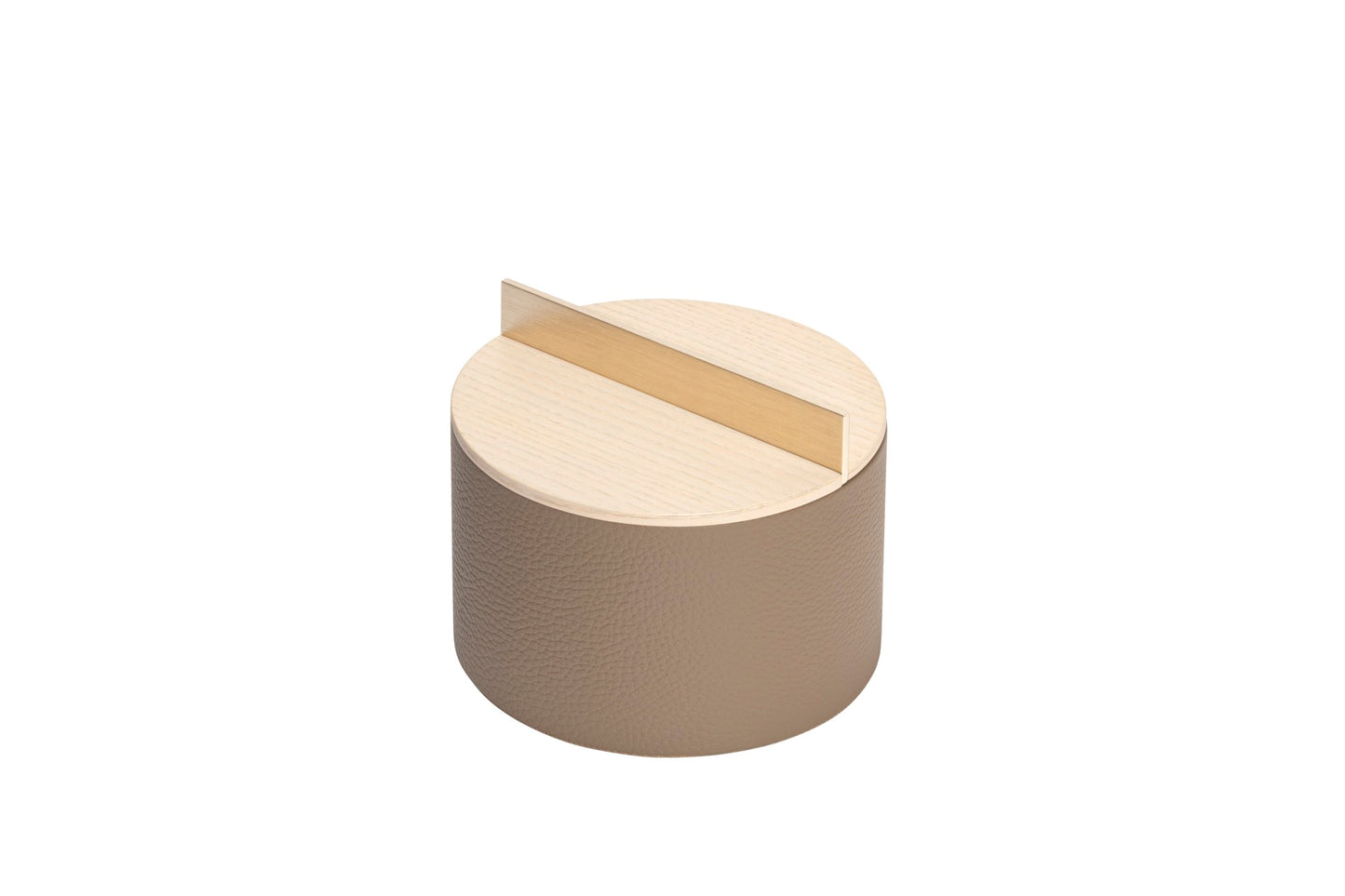 Riviere Dama | Round Box: Leather with wood base and brushed metal handle, available in ashwood or walnut, small and large formats, designed for elegant tabletop storage | Decor / Trinket Boxes | 2Jour Concierge, your luxury lifestyle shop | luxury interiors, hospitality décor, elegant living, designer home accessories, boutique hotels, refined lifestyle, yacht décor, executive interiors