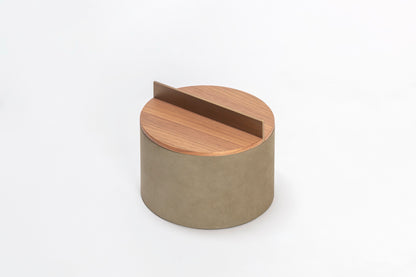 Riviere Dama | Round Box: Leather with wood base and brushed metal handle, available in ashwood or walnut, small and large formats, designed for elegant tabletop storage | Decor / Trinket Boxes | 2Jour Concierge, your luxury lifestyle shop | luxury interiors, hospitality décor, elegant living, designer home accessories, boutique hotels, refined lifestyle, yacht décor, executive interiors