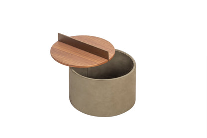 Riviere Dama | Round Box: Leather with wood base and brushed metal handle, available in ashwood or walnut, small and large formats, designed for elegant tabletop storage | Decor / Trinket Boxes | 2Jour Concierge, your luxury lifestyle shop | luxury interiors, hospitality décor, elegant living, designer home accessories, boutique hotels, refined lifestyle, yacht décor, executive interiors