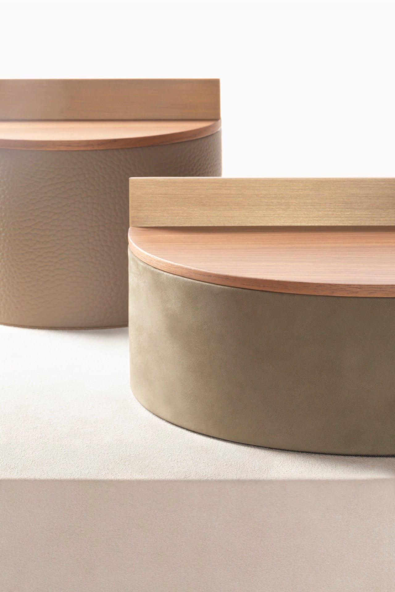 Riviere Dama | Round Box: Leather with wood base and brushed metal handle, available in ashwood or walnut, small and large formats, designed for elegant tabletop storage | Decor / Trinket Boxes | 2Jour Concierge, your luxury lifestyle shop | luxury interiors, hospitality décor, elegant living, designer home accessories, boutique hotels, refined lifestyle, yacht décor, executive interiors