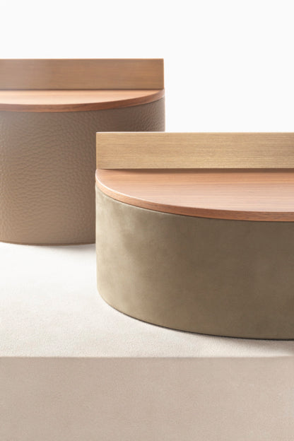 Riviere Dama | Round Box: Leather with wood base and brushed metal handle, available in ashwood or walnut, small and large formats, designed for elegant tabletop storage | Decor / Trinket Boxes | 2Jour Concierge, your luxury lifestyle shop | luxury interiors, hospitality décor, elegant living, designer home accessories, boutique hotels, refined lifestyle, yacht décor, executive interiors