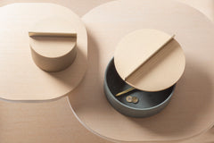 Dama Round Leather-Covered Wood Box, Round S High with Brushed Metal Handle