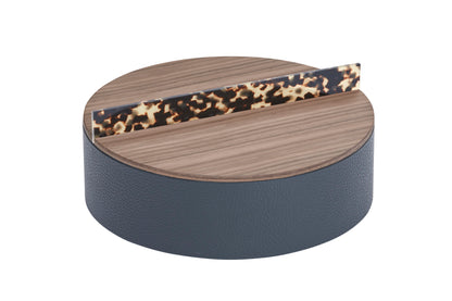 Riviere Dama | Round Box: Leather with wood base and tortoise acetate handle, available in ashwood or walnut, small and large formats, a refined accent for contemporary interiors | Decor / Trinket Boxes | 2Jour Concierge, your luxury lifestyle shop | luxury interiors, hospitality décor, elegant living, designer home accessories, boutique hotels, refined lifestyle, yacht décor, executive interiors
