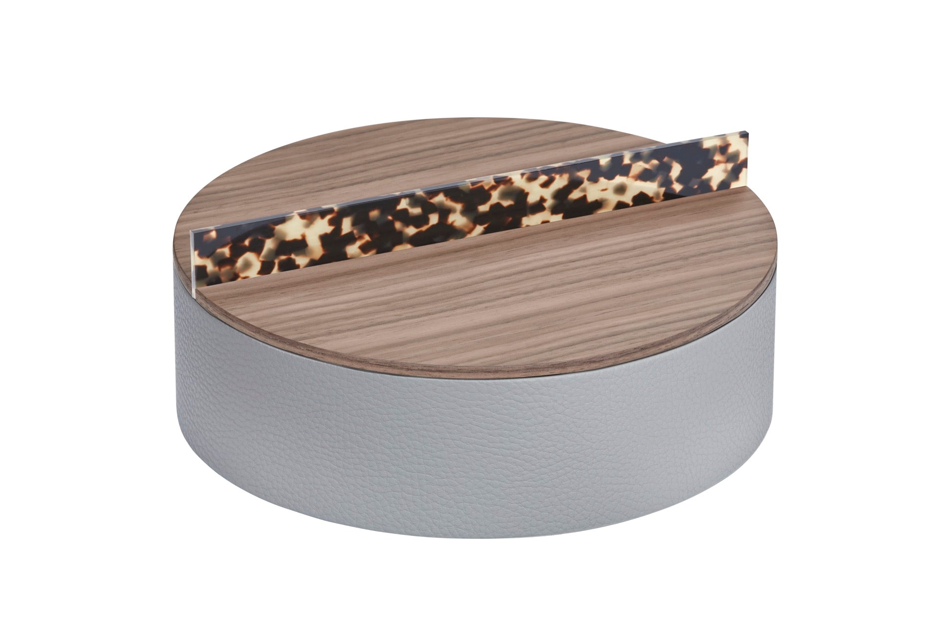 Riviere Dama | Round Box: Leather with wood base and tortoise acetate handle, available in ashwood or walnut, small and large formats, a refined accent for contemporary interiors | Decor / Trinket Boxes | 2Jour Concierge, your luxury lifestyle shop | luxury interiors, hospitality décor, elegant living, designer home accessories, boutique hotels, refined lifestyle, yacht décor, executive interiors