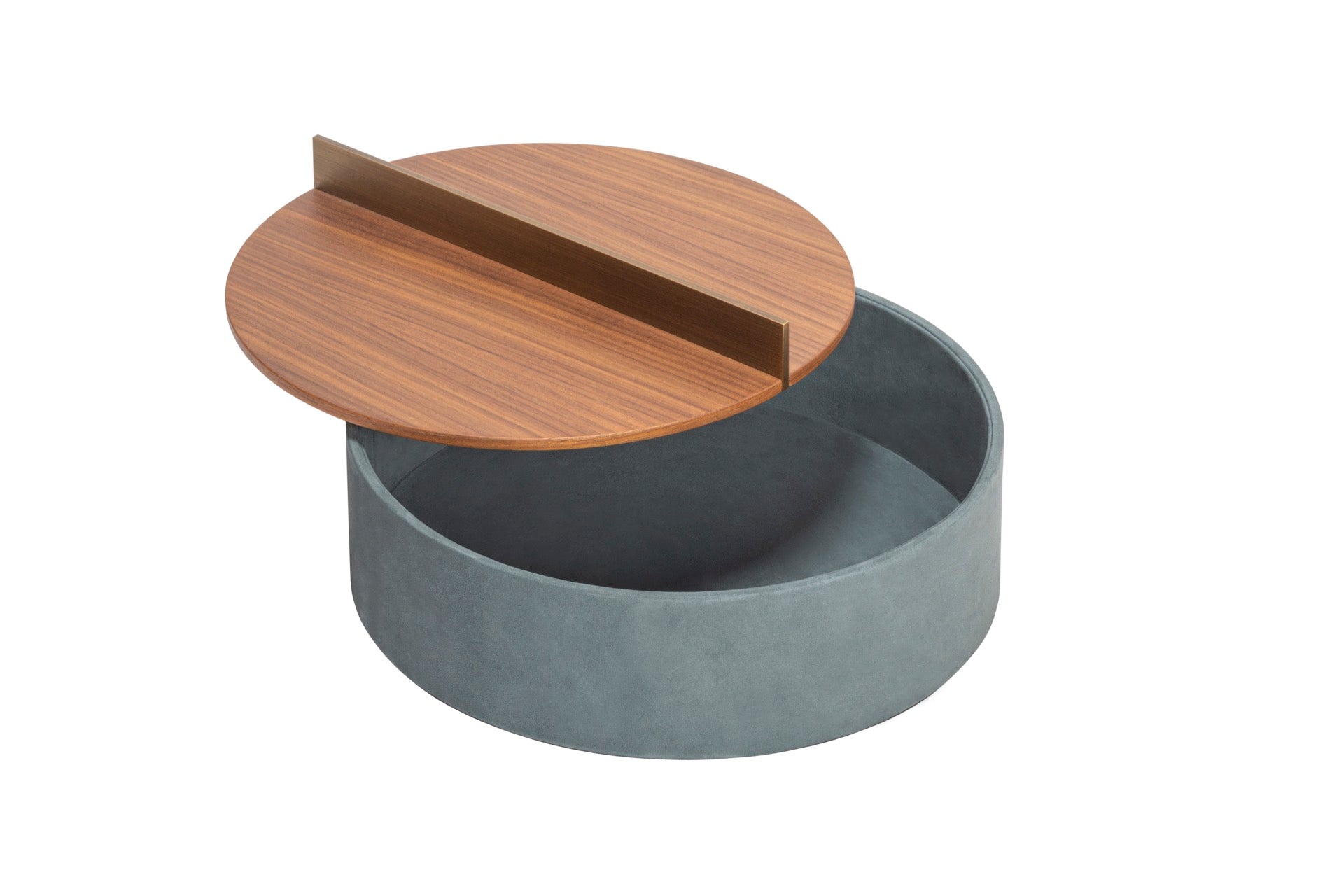 Riviere Dama | Round Box: Leather with wood base and brushed metal handle, available in ashwood or walnut, small and large formats, designed for elegant tabletop storage | Decor / Trinket Boxes | 2Jour Concierge, your luxury lifestyle shop | luxury interiors, hospitality décor, elegant living, designer home accessories, boutique hotels, refined lifestyle, yacht décor, executive interiors