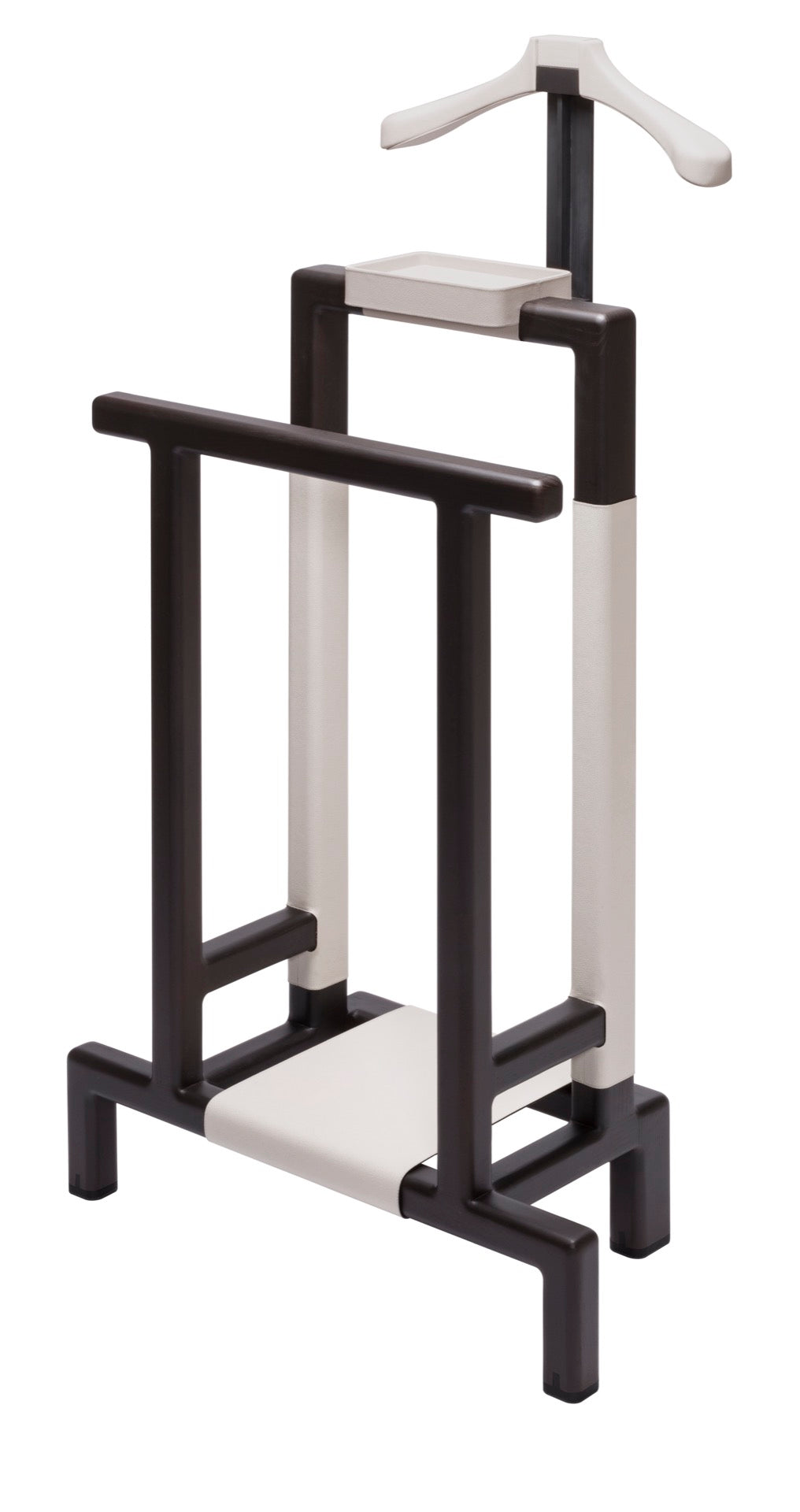 Giobagnara | Lloyd Tabi Leather and Dark Canaletto Walnut Wood Valet Stand: Valet stand in leather and dark-stained Canaletto walnut wood, inox or brushed bronze feet, wild boar golf deer nappa suede | Livingroom / Hospitality | 2Jour Concierge, your luxury lifestyle shop | luxury valet stand, leather valet stand, Giobagnara Lloyd Tabi, Canaletto walnut valet, Italian luxury bedroom accessories, exotic leather valet, designer clothes stand, dark walnut wood valet