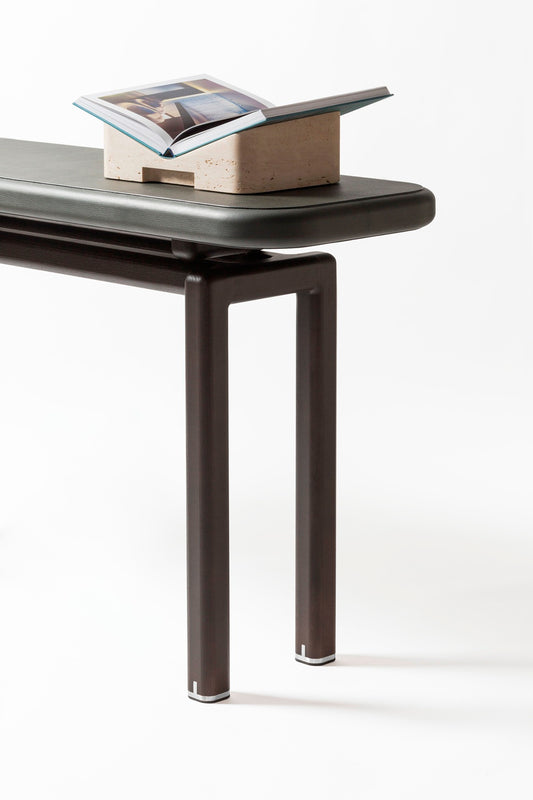 Giobagnara x Glenn Sestig Lloyd Bookstand | Versatile bookstand crafted in luxurious leather and solid wood—choose between dark-stained Canaletto walnut or wenge finishes—and also available in leather with travertine marble or full travertine marble constructions | Crafted in Italy by Giobagnara in collaboration with designer Glenn Sestig | Home Decor / Desk Accessories | 2Jour Concierge, your luxury lifestyle shop