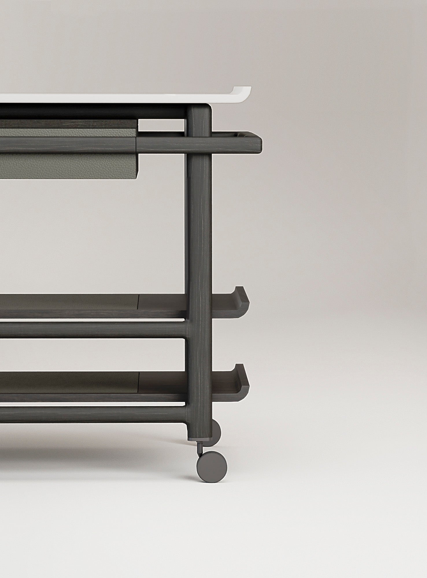 Giobagnara x Glenn Sestig Lloyd Tabi serving trolley | Elegant serving cart with a Corian® top and fine leather-lined drawer | Wood structure available in dark walnut, wenge, or natural finishes | Includes Corian® chopping board and removable wooden dividers for customizable storage | Features burnished brushed bronze wheels for smooth mobility | A refined and functional piece for serving and organizing essentials | Home furniture & serving accessories | 2Jour Concierge, your luxury lifestyle shop