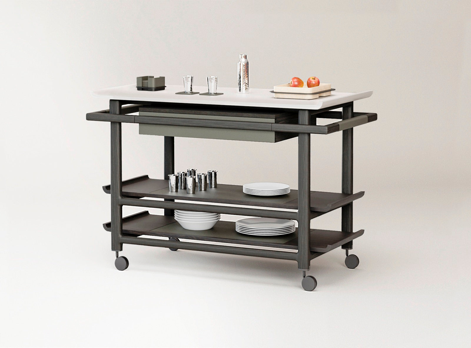 Giobagnara x Glenn Sestig Lloyd Tabi serving trolley | Elegant serving cart with a Corian® top and fine leather-lined drawer | Wood structure available in dark walnut, wenge, or natural finishes | Includes Corian® chopping board and removable wooden dividers for customizable storage | Features burnished brushed bronze wheels for smooth mobility | A refined and functional piece for serving and organizing essentials | Home furniture & serving accessories | 2Jour Concierge, your luxury lifestyle shop