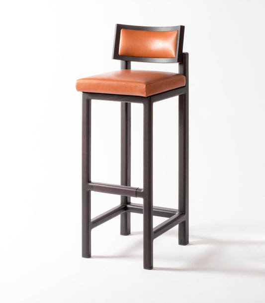 Giobagnara Ellton Bar Stool by Giobagnara x Glenn Sestig | Canaletto walnut wood structure with upholstered leather cushions | Available in two wood finishes | Decorative feet in inox or brushed bronze | Furniture and Seating | 2Jour Concierge, your luxury lifestyle shop