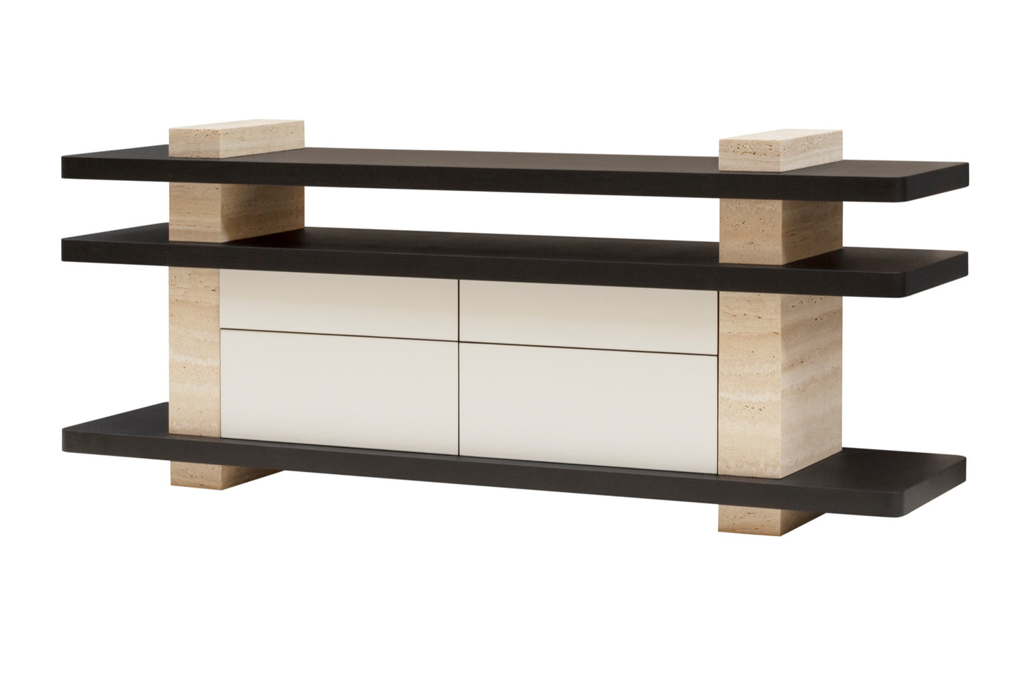 Giobagnara × Glenn Sestig Elliot | Console Table: Travertine in classic, walnut, titanium, yellow, or red with leather-covered wood base | Furniture / Console Tables + Étagères | 2Jour Concierge, your luxury lifestyle shop | contemporary interiors, refined craftsmanship, luxury design, architectural furniture, statement console
