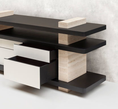 Giobagnara × Glenn Sestig Elliot | Console Table: Travertine in classic, walnut, titanium, yellow, or red with leather-covered wood base | Furniture / Console Tables + Étagères | 2Jour Concierge, your luxury lifestyle shop | contemporary interiors, refined craftsmanship, luxury design, architectural furniture, statement console