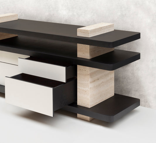 Giobagnara × Glenn Sestig Elliot | Console Table: Travertine in classic, walnut, titanium, yellow, or red with leather-covered wood base | Furniture / Console Tables + Étagères | 2Jour Concierge, your luxury lifestyle shop | contemporary interiors, refined craftsmanship, luxury design, architectural furniture, statement console
