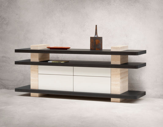 Giobagnara × Glenn Sestig Elliot | Console Table: Travertine in classic, walnut, titanium, yellow, or red with leather-covered wood base | Furniture / Console Tables + Étagères | 2Jour Concierge, your luxury lifestyle shop | contemporary interiors, refined craftsmanship, luxury design, architectural furniture, statement console