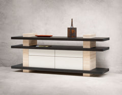 x Glenn Sestig Elliot Leather-covered Wood Console with Travertine Marble Legs and 4 Drawers