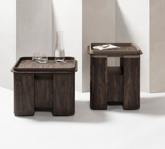 Giobagnara × Glenn Sestig Lloyd | Side Tables + Tray: Dark walnut or ziricote wood with leather-trimmed tray in dark brown lizard motif | Furniture / Side Tables + Bar Tables | 2Jour Concierge, your luxury lifestyle shop | refined interiors, luxury hospitality, contemporary living, multifunctional design, statement accents
