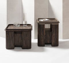 x Glenn Sestig Lloyd Wood Side Table, High Square with Leather-Trimmed Removable Tray