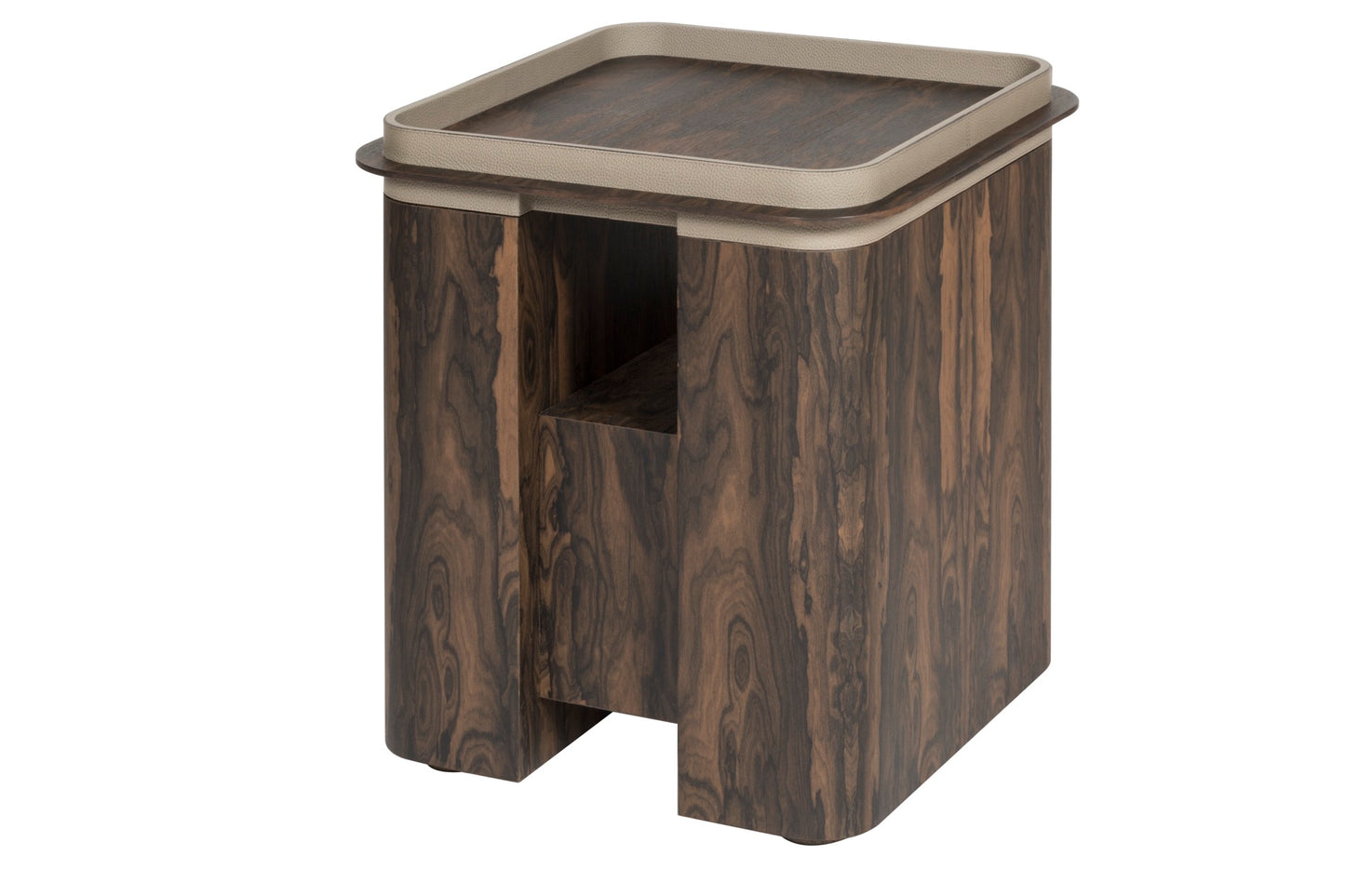 Giobagnara × Glenn Sestig Lloyd | Side Tables + Tray: Dark walnut or ziricote wood with leather-trimmed tray in dark brown lizard motif | Furniture / Side Tables + Bar Tables | 2Jour Concierge, your luxury lifestyle shop | refined interiors, luxury hospitality, contemporary living, multifunctional design, statement accents