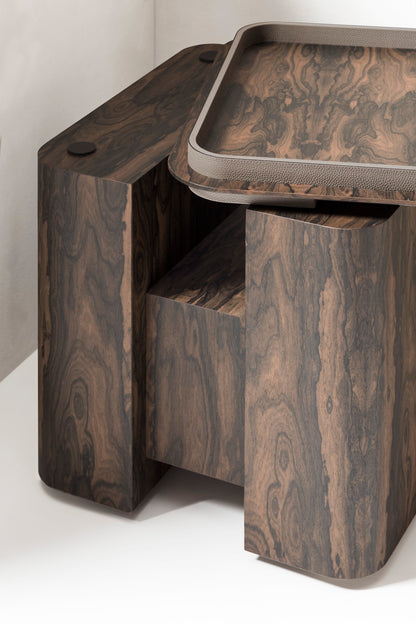 x Glenn Sestig Lloyd Wood Side Table, Square with Leather-Trimmed Removable Tray