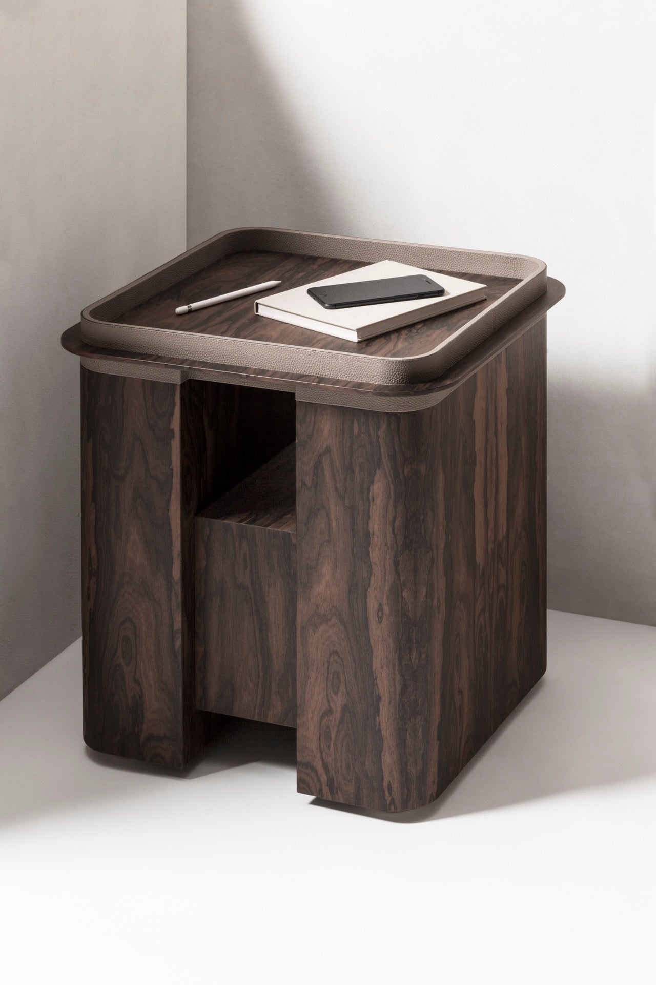 Giobagnara × Glenn Sestig Lloyd | Side Tables + Tray: Dark walnut or ziricote wood with leather-trimmed tray in dark brown lizard motif | Furniture / Side Tables + Bar Tables | 2Jour Concierge, your luxury lifestyle shop | refined interiors, luxury hospitality, contemporary living, multifunctional design, statement accents