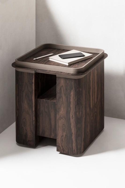 Giobagnara × Glenn Sestig Lloyd | Side Tables + Tray: Dark walnut or ziricote wood with leather-trimmed tray in dark brown lizard motif | Furniture / Side Tables + Bar Tables | 2Jour Concierge, your luxury lifestyle shop | refined interiors, luxury hospitality, contemporary living, multifunctional design, statement accents