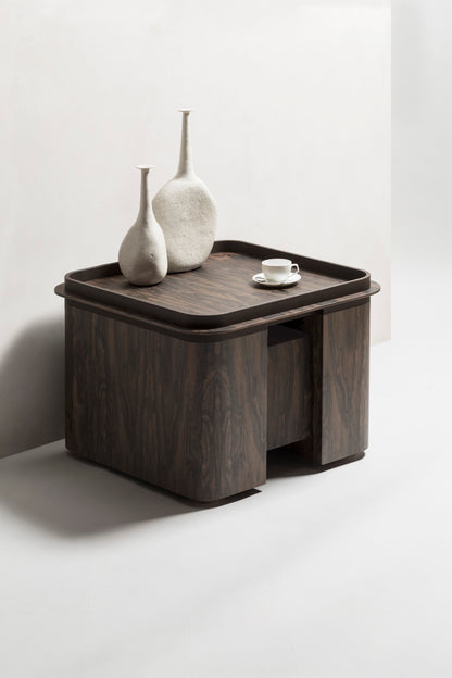 x Glenn Sestig Lloyd Wood Side Table, Square with Leather-Trimmed Removable Tray