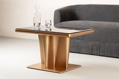 Giobagnara x Glenn Sestig Tanell Bar Table | Minimalist, contemporary design with a trilobed base tapered downward, an iconic piece and ideal display unit | Raw bronze or dark bronze-lacquered wood structure with bronze-colored glass top insert | Furniture and Bar Tables | 2Jour Concierge, your luxury lifestyle shop