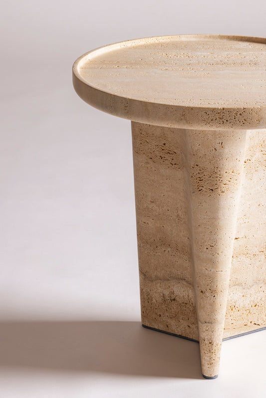 Giobagnara × Glenn Sestig Tanell | Travertine Round Side Tables: Sculptural base in classic or titanium travertine with smooth circular top | Furniture / Side Tables + Bar Tables | 2Jour Concierge, your luxury lifestyle shop | luxury interiors, refined living, boutique hotels, designer furniture, yacht décor, hospitality spaces, contemporary stone design
