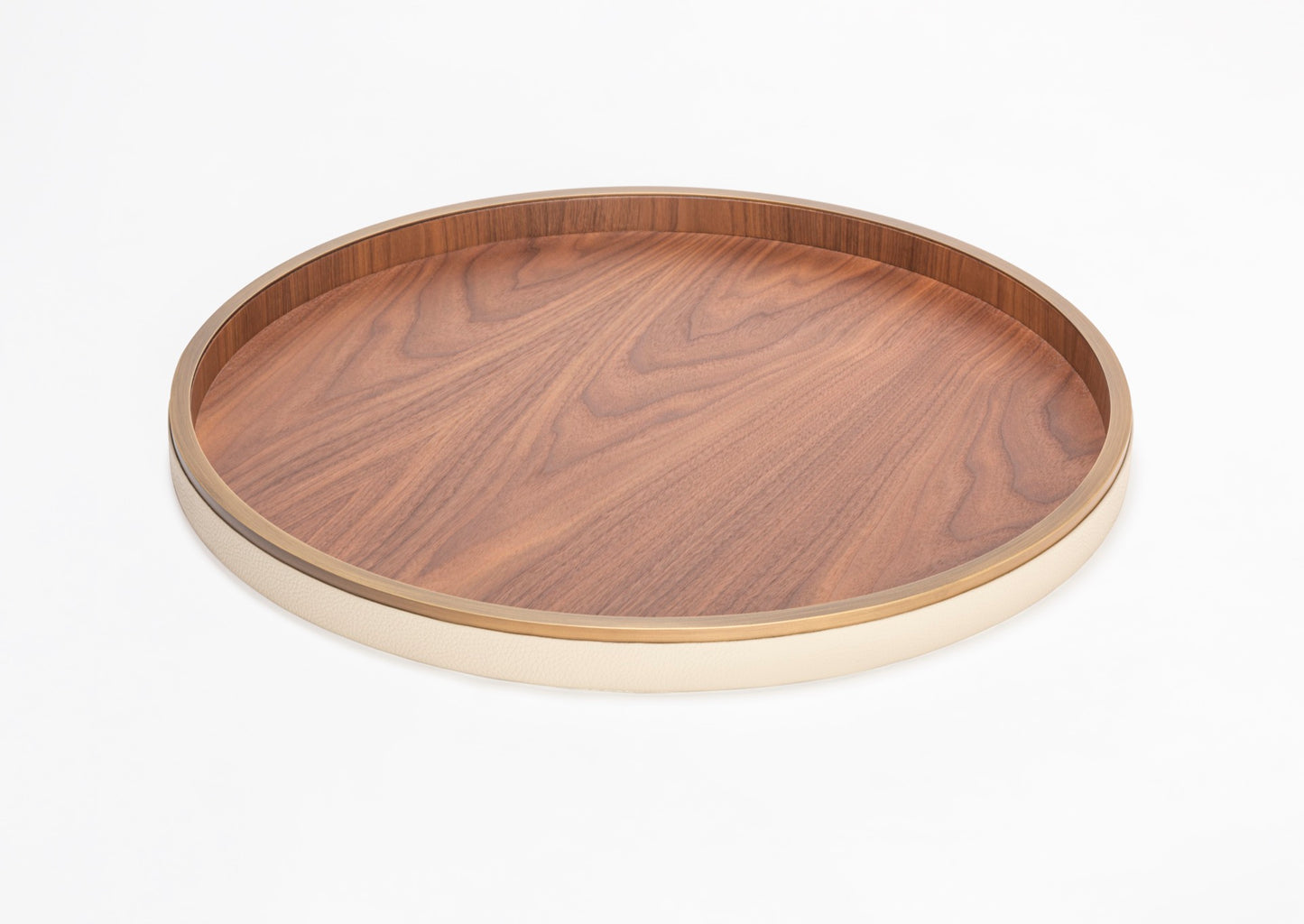 Riviere Dama | Round Tray: Wood and leather construction available in multiple sizes and finishes, designed for refined serving and decorative use | Serveware + Hospitality / Trays | 2Jour Concierge, your luxury lifestyle shop | luxury interiors, hospitality décor, elegant living, designer serveware, boutique hotels, refined lifestyle, yacht décor