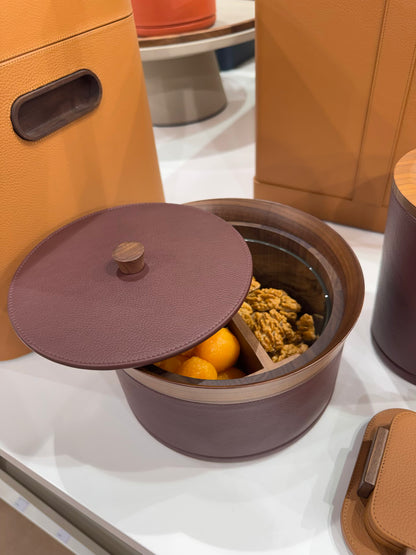Giobagnara x Poltrona Frau | Divided Serving Box Pelle Frau®: Leather-covered container with glass insert and divider | Tabletop & Condiment Accessories | 2Jour Concierge | luxury serving containers and accessories