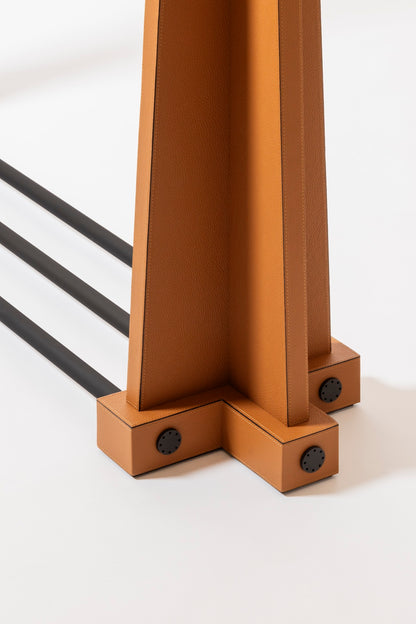 Giobagnara | Edoardo Clothes Rack: Leather-covered wood clothes rack with metal hanging bar | Serveware + Hospitality / Clothes Valets | 2Jour Concierge, your luxury lifestyle shop | premium garment storage for expensive interiors, dressing rooms, hospitality suites, and refined retail spaces