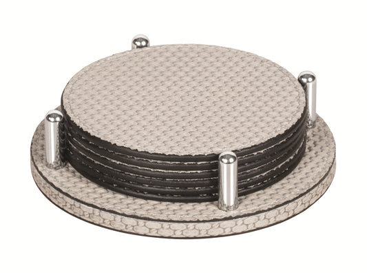 Giobagnara David Coaster Holder with 6 Tao Coasters | Leather-covered wood structure designed to hold 6 Tao coasters | Tao Coasters feature an all-leather structure, semi-flexible and waterproof | Elegant and functional set | Home Decor and Serveware | 2Jour Concierge, your luxury lifestyle shop