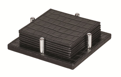 Giobagnara David Coaster Holder with 6 Tao Coasters | Leather-covered wood structure designed to hold 6 Tao coasters | Tao Coasters feature an all-leather structure, semi-flexible and waterproof | Elegant and functional set | Home Decor and Serveware | 2Jour Concierge, your luxury lifestyle shop