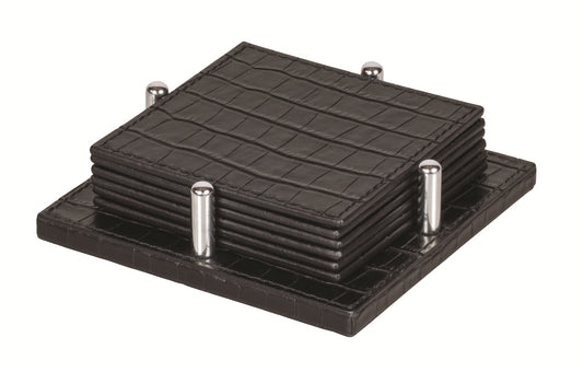 Giobagnara David Coaster Holder with 6 Tao Coasters | Leather-covered wood structure designed to hold 6 Tao coasters | Tao Coasters feature an all-leather structure, semi-flexible and waterproof | Elegant and functional set | Home Decor and Serveware | 2Jour Concierge, your luxury lifestyle shop