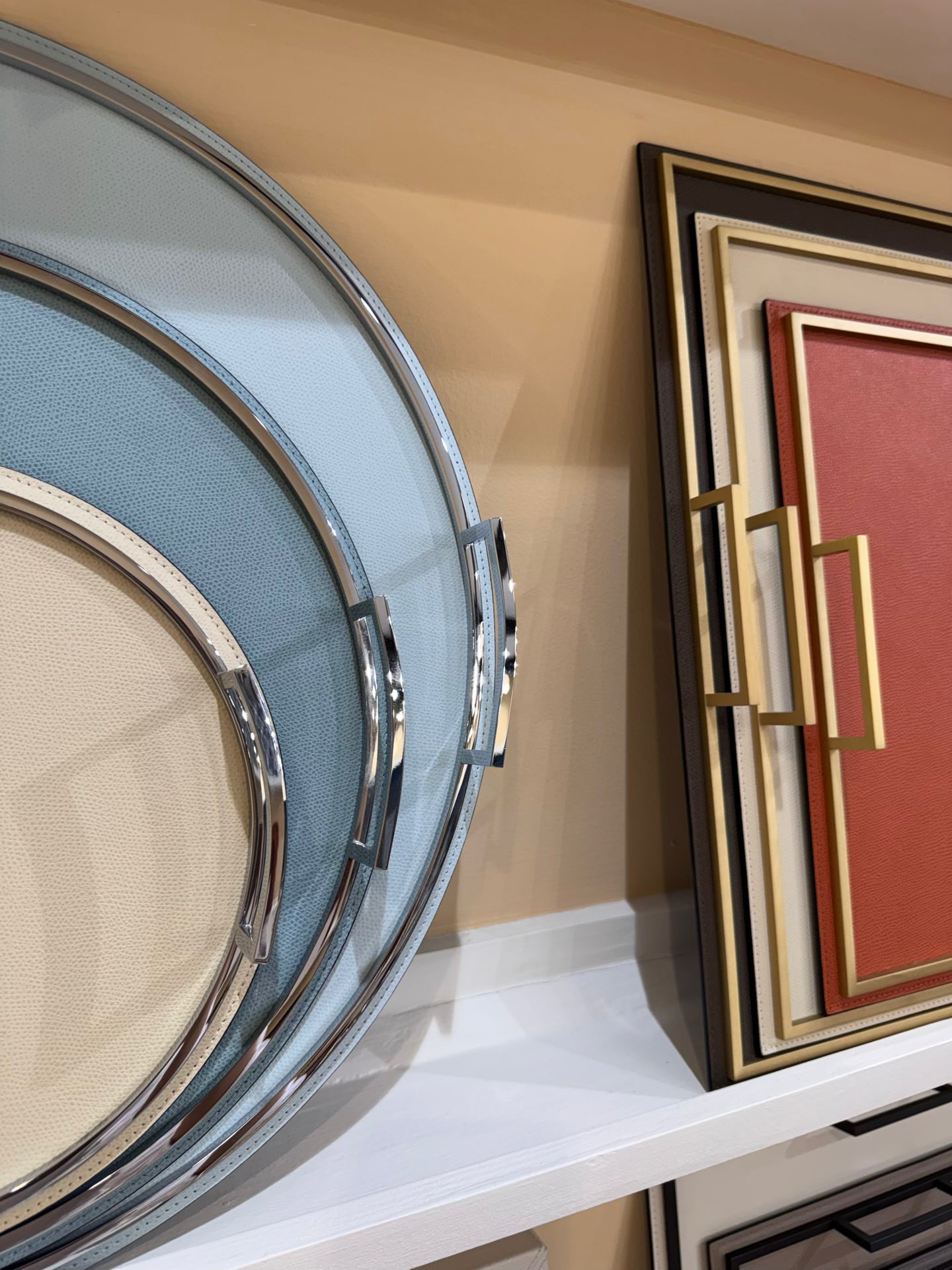 Defile Tray by Giobagnara | Leather-covered metal structure with brass frame and handles. | Home Decor and Serveware | 2Jour Concierge, your luxury lifestyle shop