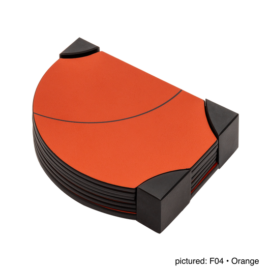 Giobagnara | Margo Coaster Set: Calfskin and Corian® coaster set with holder | Serveware + Hospitality / Coasters | 2Jour Concierge, your luxury lifestyle shop | premium table accessories for refined dining settings, hospitality spaces, and curated interiors