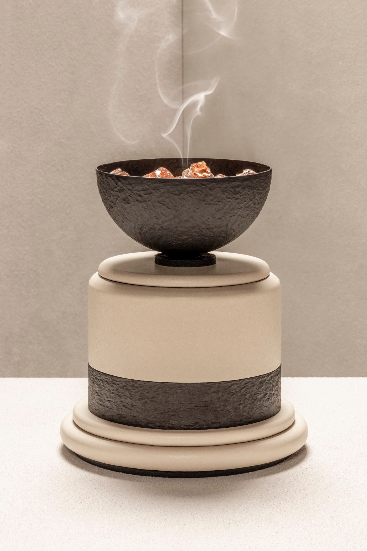 Giobagnara | Dune Makhara Incense Burner: Leather-covered incense burner with hammered metal bowl | Decor / Vases + Candle Holders | 2Jour Concierge, your luxury lifestyle shop | luxury decorative ritual objects, premium incense accessories for expensive interiors, meditation spaces, and curated living environments