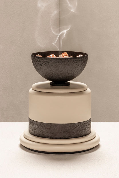 Giobagnara | Dune Makhara Incense Burner: Leather-covered incense burner with hammered metal bowl | Decor / Vases + Candle Holders | 2Jour Concierge, your luxury lifestyle shop | luxury decorative ritual objects, premium incense accessories for expensive interiors, meditation spaces, and curated living environments