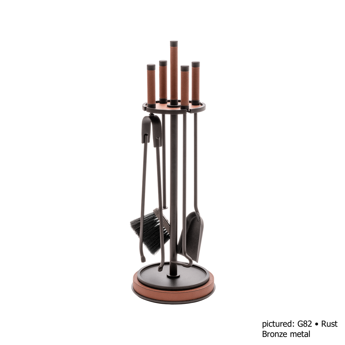 Giobagnara | Positano Fireplace Set: Metal structure with leather inserts, slender elongated silhouettes — brush, poker, tongs, coal shovel | Decor | 2Jour Concierge, your luxury lifestyle shop | luxury fireplace set, Giobagnara Positano, leather fireplace tools, Italian designer fireplace accessories
