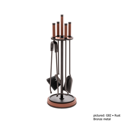 Giobagnara | Positano Fireplace Set: Metal structure with leather inserts, slender elongated silhouettes — brush, poker, tongs, coal shovel | Decor | 2Jour Concierge, your luxury lifestyle shop | luxury fireplace set, Giobagnara Positano, leather fireplace tools, Italian designer fireplace accessories

