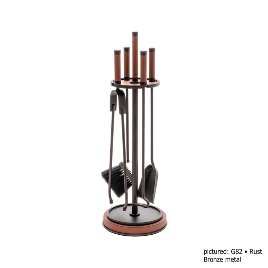 Giobagnara | Positano Fireplace Set: Metal structure with leather inserts, slender elongated silhouettes — brush, poker, tongs, coal shovel | Decor | 2Jour Concierge, your luxury lifestyle shop | luxury fireplace set, Giobagnara Positano, leather fireplace tools, Italian designer fireplace accessories
