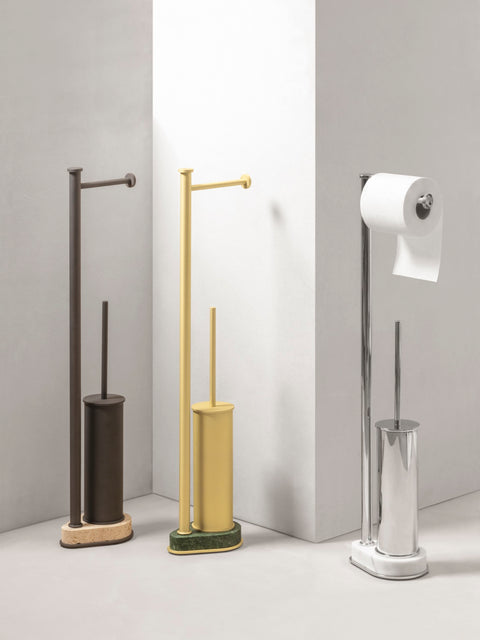 Giobagnara | Positano Freestanding Toilet Brush and Paper Holder: Integrated toilet brush and paper holder in leather, marble, or leather and marble | The Bathroom | 2Jour Concierge, your luxury lifestyle shop | luxury toilet brush holder, Giobagnara Positano, freestanding bathroom accessories, Italian designer bathroom