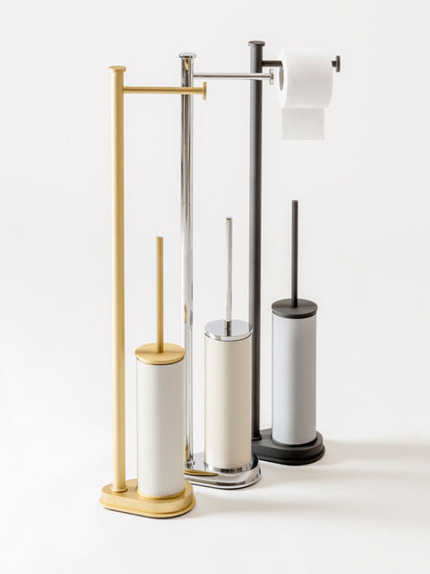 Giobagnara | Positano Freestanding Toilet Brush and Paper Holder: Integrated toilet brush and paper holder in leather, marble, or leather and marble | The Bathroom | 2Jour Concierge, your luxury lifestyle shop | luxury toilet brush holder, Giobagnara Positano, freestanding bathroom accessories, Italian designer bathroom