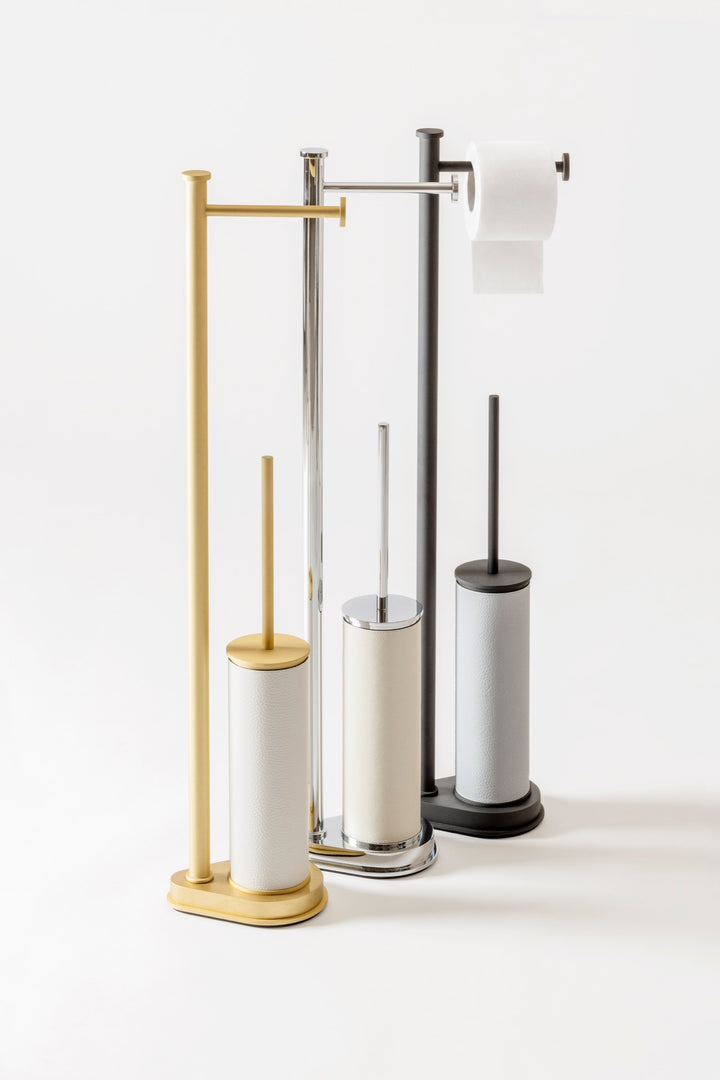 Giobagnara | Positano Freestanding Toilet Brush and Paper Holder: Integrated toilet brush and paper holder in leather, marble, or leather and marble | The Bathroom | 2Jour Concierge, your luxury lifestyle shop | luxury toilet brush holder, Giobagnara Positano, freestanding bathroom accessories, Italian designer bathroom